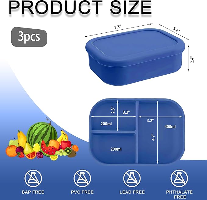 Silicone Adult Bento Box, 3 Compartment Leakproof Silicone Lunch Container, Lunch Box for Men and Women, BPA-Free, Microwave/Dishwasher/Freezer Safe, Reusable Snack Containers (3PCS-Royal Blue)