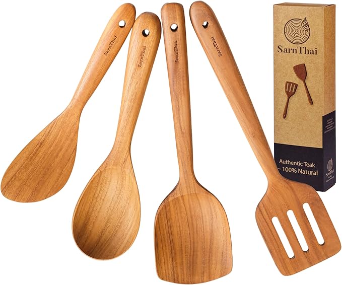 SarnThai Premium Teak Kitchen Utensil Set – 4-Piece Handmade Wooden Spatulas & Spoon for Cooking, Natural Teak Wood Tools Safe for Nonstick Pans, Eco-Friendly Thai Handmade Utensil Set