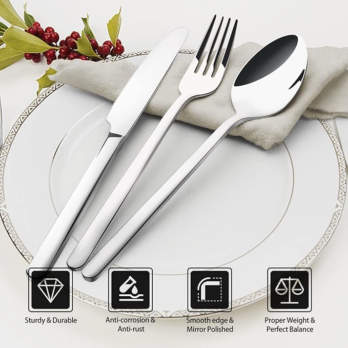 KINGSTONE Dinner Spoons Set of 16, 8 Inch 18/10 Stainless Steel Spoon Cutlery Table Spoon for Home, Kitchen & Restaurant, Dishwasher Safe
