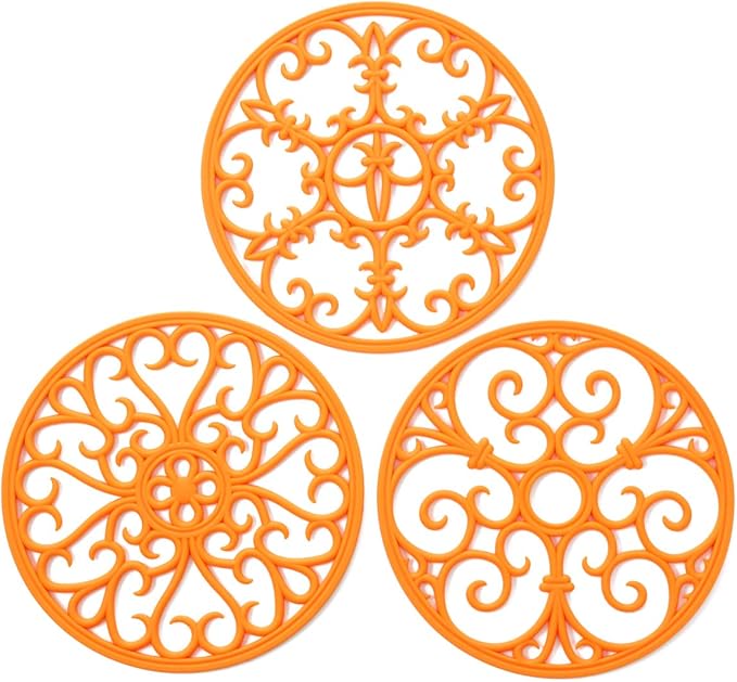 Silicone Trivet Mat - Non-Slip & Heat Resistant Kitchen Hot Pads for Countertops & Table - Kitchen Trivets for Hot Dishes & Cookware - Hot Pot Holder for Pots & Pans - Orange,Set of 3