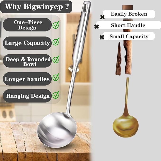 Soup Ladle, 2Pcs Stainless Steel Ladle spoon, 14 Inch Serving Spoon Heavy Duty kitchen Utensils for Cooking Buffet, Party, Kitchen, Silver