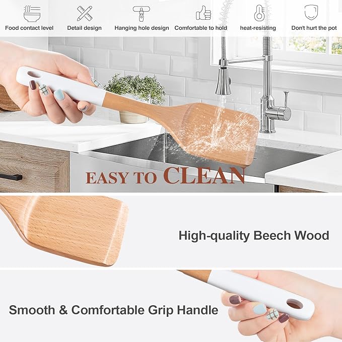 Wooden Spoons For Cooking, 6 PCS Natural Beech Wooden Cooking Utensils, Smooth Grip Wood Cooking Spoons with Hanging Hole, Non-Stick Wooden Utensil Set for Kitchen Essentials, White