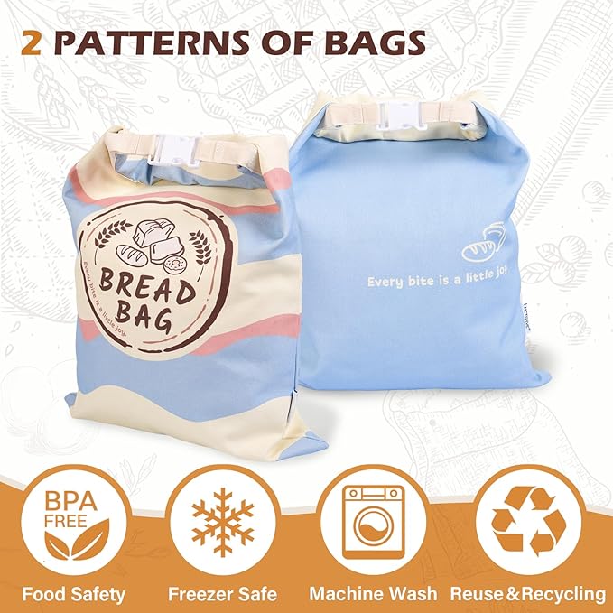 Reusable Bread Bags (2-Pack) – XL Cotton Zipper Bags with Plastic Lining for Sourdough & Homemade Bread Storage - Great Gift for Bakers