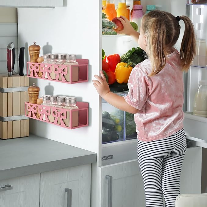 2 Pack Bow Magnetic Spice Rack for Refrigerator Metal Magnet Basket Shelf for Fridge Seasoning Storage Organizers Home Decor Kitchen Accessories (Pink)