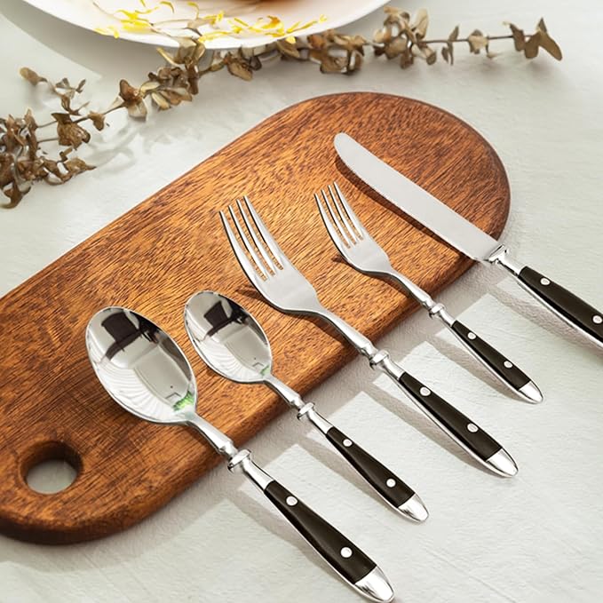 20-Piece Silverware Set for 4, Everyday Flatware, Black Handles Utensils Set, Retro Stainless Steel Forks and Spoons, Mirror Finished Utensil Sets for Home Restaurant, Dishwasher Safe Cutlery