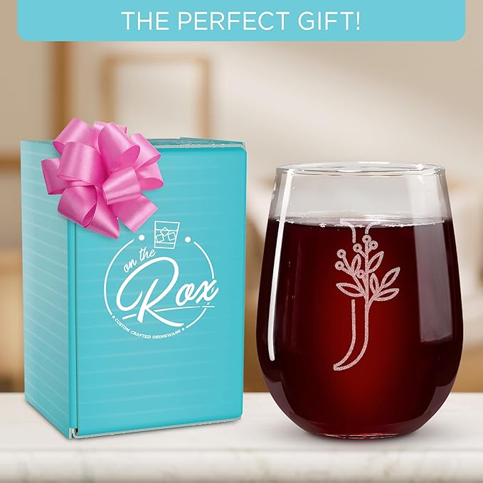 On The Rox Drinks Monogrammed Gifts For Women and Men - Letter A-Z Initial Engraved Monogram Stemless Wine Glass - 17 Oz Personalized Wine Gifts For Women and Men (J)