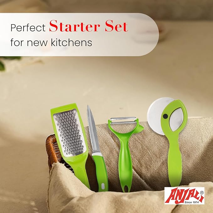 Anjali 5-Piece Kitchen Tool Set – Chopping Board, Cheese Grater, Peeler, 9" Utility Knife & Pizza Cutter | Essential Cooking Tools for Slicing, Peeling, Grating & Cutting
