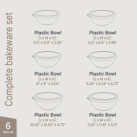 12 Piece Plastic Nesting Bowls with Lids - Mixing Bowls Set includes 6 Prep Bowls and 6 Lids, BPA-Free, Reusable Meal Prep Containers, Microwave, Freezer & Dishwasher Safe, Brown