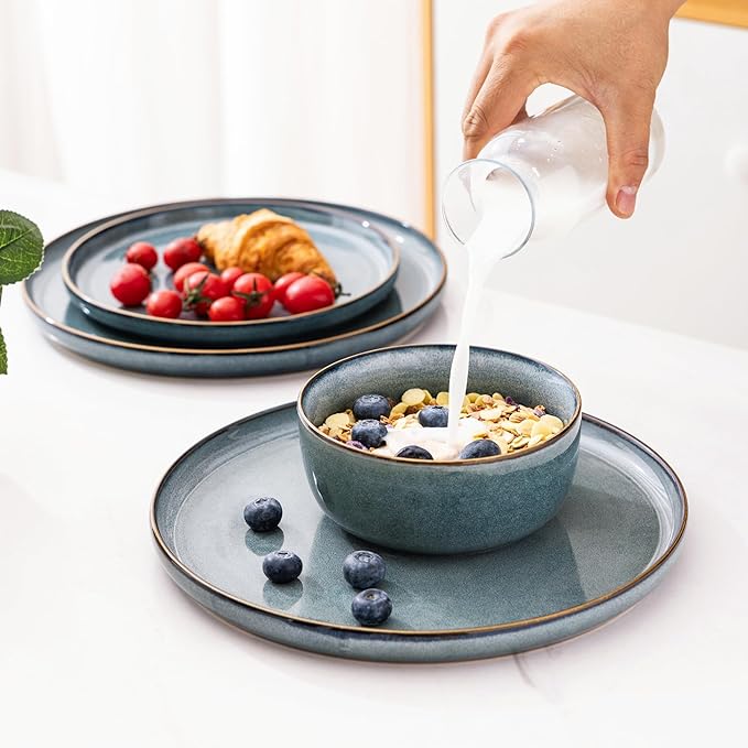GBHOME 16 Pieces Double Bowls Ceramic Dinnerware Sets for 4, Stoneware Plates and Bowls Set with Reactive Glaze, Scratch Resistant Stoneware Dishes Set, Dishwasher & Microwave Safe