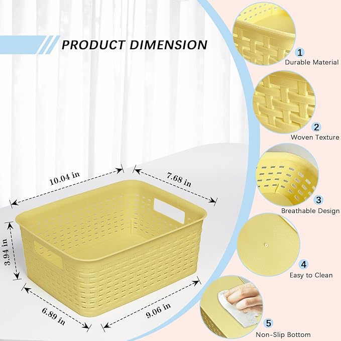 Plastic Storage Baskets for Cabinets, Household Pantry Organization with Handle,Organizer Bins for Room,Bathrooms,Under-Sink,Kitchen (Yellow, S-3PACK)