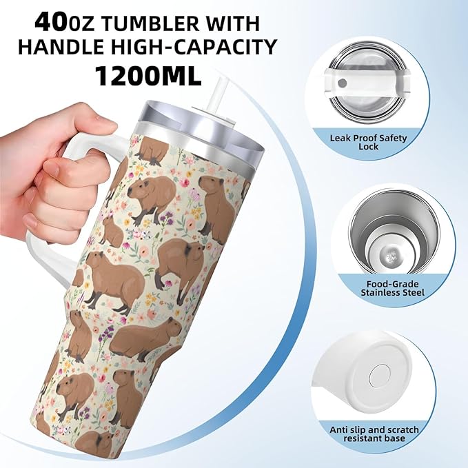 Capybara Gifts Capybara Tumbler Cute Cup for Girls, Teens, Women, Men Stainless Steel Vacuum Insulated 40oz Tumbler with Lid and Straw for Water, Iced Tea or Coffee, Beige