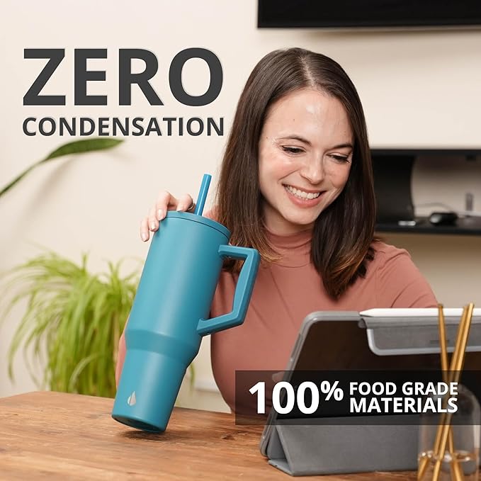 Elemental 40 oz Tumbler with Handle and Straw - Spill Proof Insulated Stainless Steel Commuter for Hot and Cold Beverages - Travel Coffee Mug with 2 Straws & Spill Proof Lid - 40oz - Teal