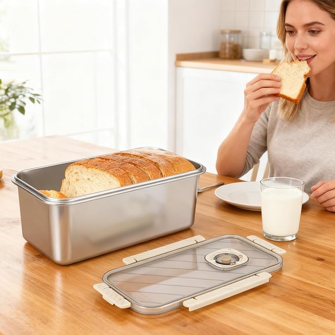 Bread Box for Homemade Bread with Lid, Time Recording Bread Storage Container, Airtight Fresh Bread Holder bin For Kitchen Countertop, Dishwasher Safe