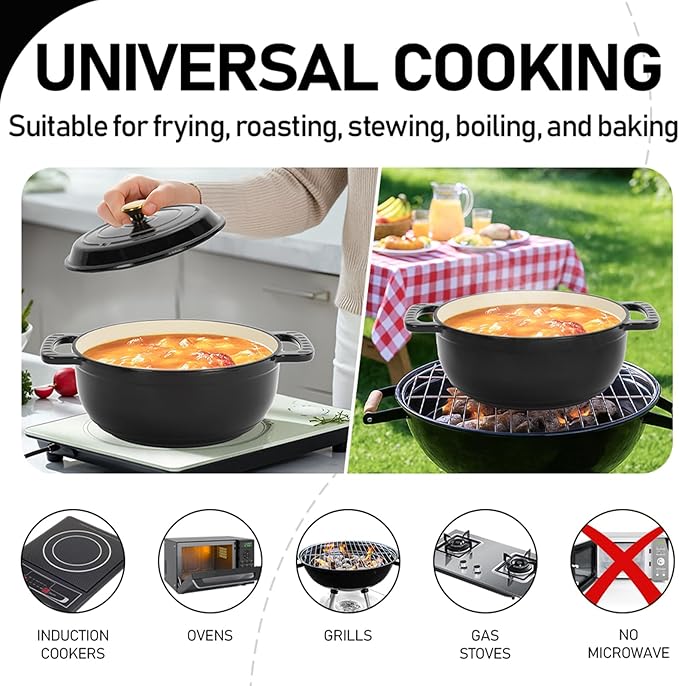 ROVSUN 5 Quart Enameled Cast Iron Dutch Oven with Lid, Dual Handles, Oven Safe up to 500°F or on Stovetop, Compatible for Braising, Stews, Roasting, Bread Baking-Black