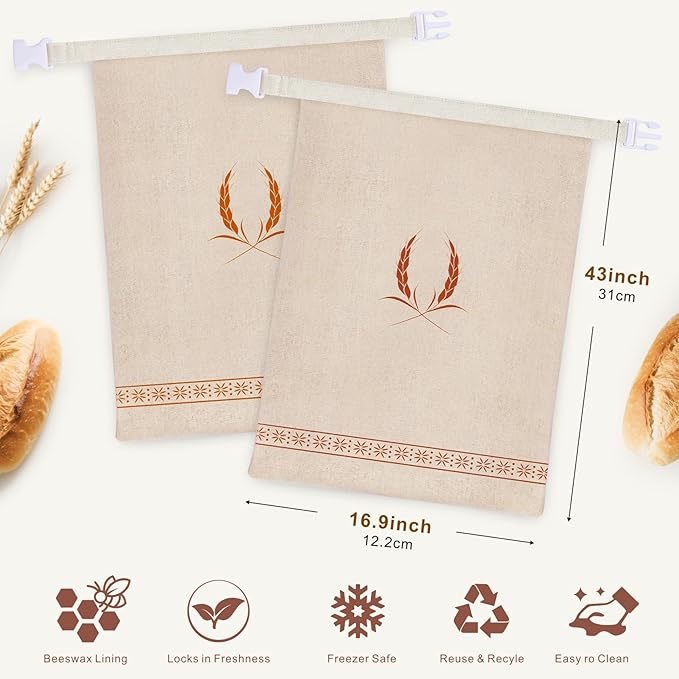 Mosucoirl Beeswax Bread Bags 2 Pack, Reusable Bread Storage Boxes for Homemade Sourdough, Cotton Food Bags Loaf Containers to Keep Fresh Large