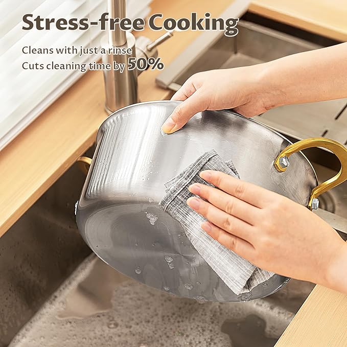 BEZIA 12 QT 3-Ply Stainless Steel Stock Pot with Lid, Large Soup Pot, Exceptional Heat Distribution, Induction Stockpot for All Stoves, Cooking Pot for Pasta, Soup, Spaghetti, Silver