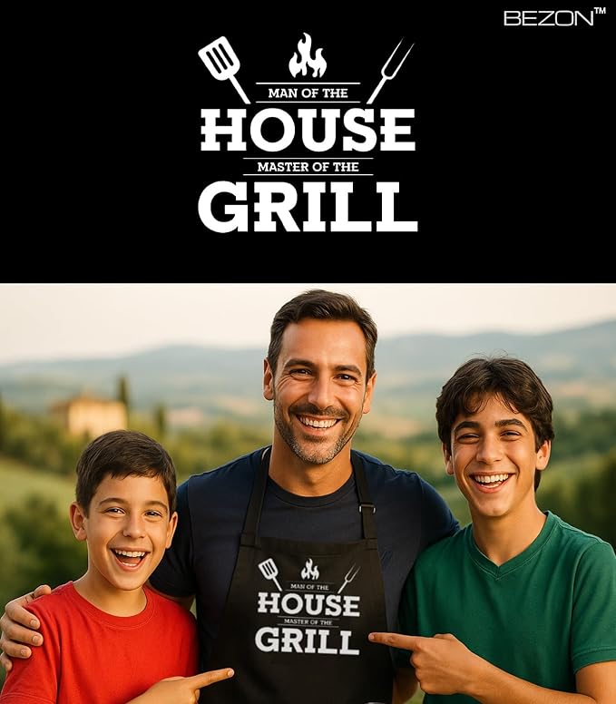 BEZON Funny Grill Apron for Men – Beer Can Gift Packaging – Hilarious BBQ Gift for Dad, Husband, or Friend – Heavy-Duty Water-Resistant Canvas – Man of the House, Master of the Grill