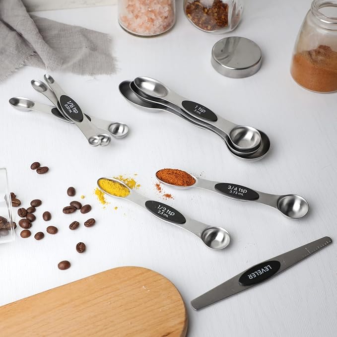 Measuring Spoon Set of 9 Magnetic Measuring Spoons Dual Sided Stainless Steel Measuring Spoons Stackable Nesting Tablespoon Teaspoon, Fits in Spice Jars, for Dry or Liquid Ingredients