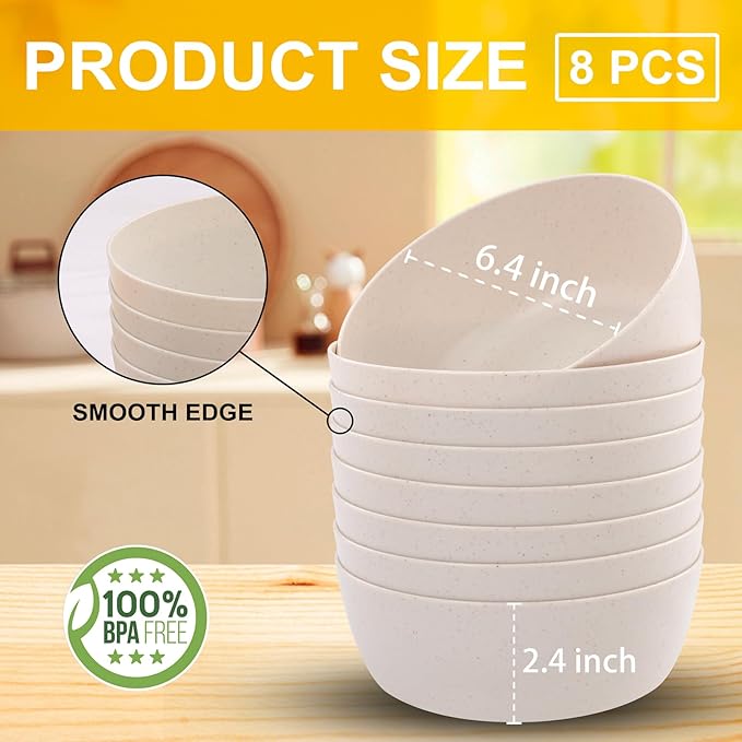 EI 8pcs Wheat Straw Bowls,Unbreakable Cereal Bowls,Reusable Plastic Bowl,Premium Cereal Microwave and Dishwasher Safe Lightweight Noodle/Fruit/Salad/Soup Bowl for Picnic,Dinner,Party