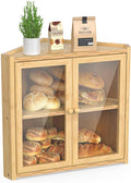 BAMBANG Corner Bread Box for Kitchen Countertop, Double Layer Bamboo Bread Storage Container with 2 Doors, Farmhouse Large Bread Bin, Wooden Breadbox Holder for Homemade Bread, Natural
