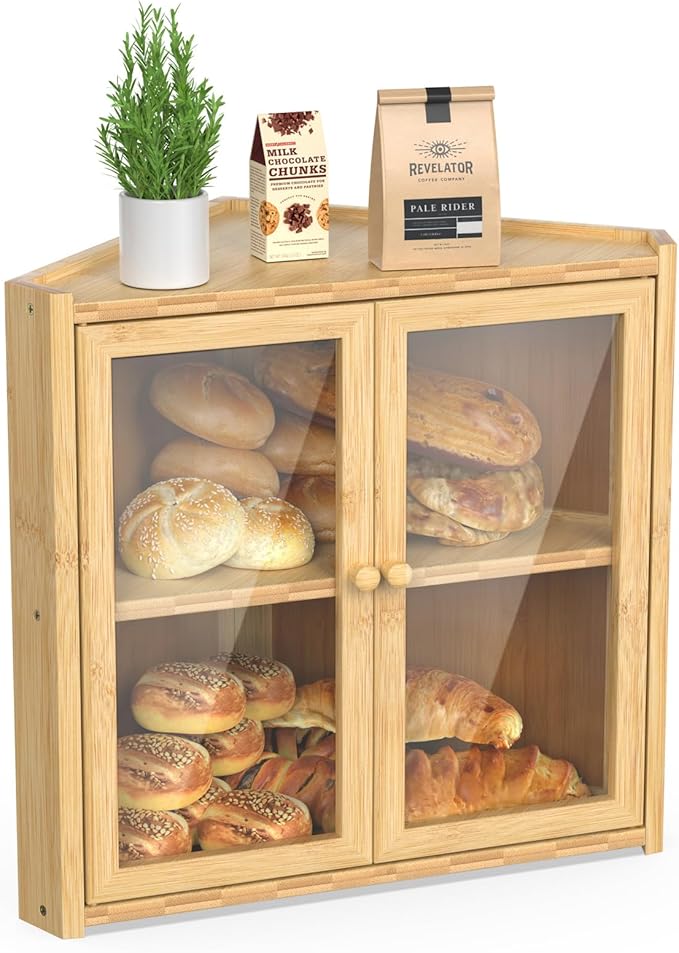 BAMBANG Corner Bread Box for Kitchen Countertop, Double Layer Bamboo Bread Storage Container with 2 Doors, Farmhouse Large Bread Bin, Wooden Breadbox Holder for Homemade Bread, Natural
