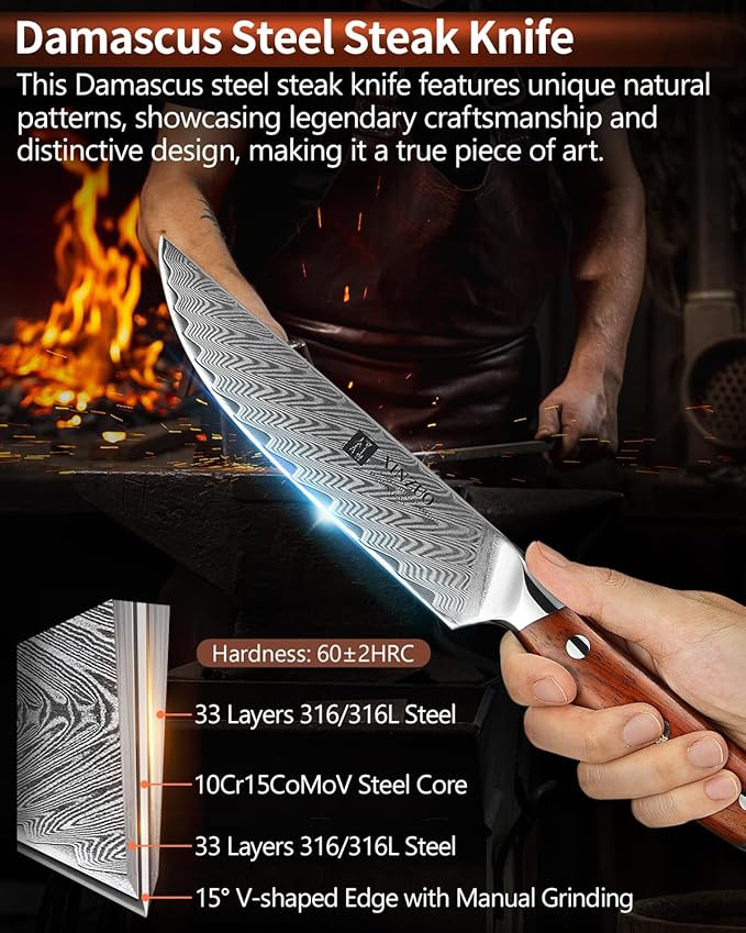 XINZUO Steak Knife Set of 4,Damascus Kitchen Steak Knife Set,5 Inch Dinner Knife Set-Table Knives,Non Serrated Steak Knives,Razor-Sharp Dinner Knives with Ergonomic Rosewood Handle,Gift Box
