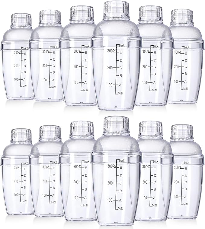 Lallisa 12 Pcs Plastic Cocktail Shaker Drink Mixer with Scales and Strainer Top Clear Shaker Cup with Measurement Plastic Bar Mixing Tool for Tea Coffee Bubble Tea Milk(350 Cc/ 12 oz)