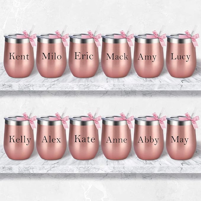 Lifecapido 4 Pack 12Oz Stainless Steel Stemless Wine Glasses, Insulated Wine Tumbler, Stainless Steel Wine Tumbler Cups with Lids and Straws for Coffee, Cocktails, Wine, Champaign, Rose Gold…