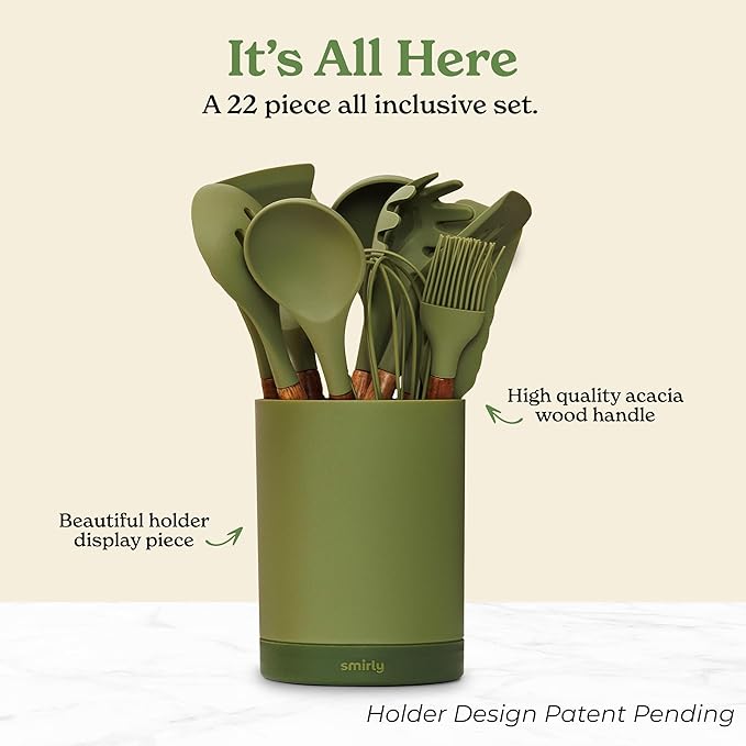 Silicone Kitchen Utensils Set & Holder: Cooking Utensils Set - Kitchen Essentials for New Home & 1st Apartment- Silicone Spatula Set, Cooking Spoons for Nonstick Cookware (Acacia Wood, Green)