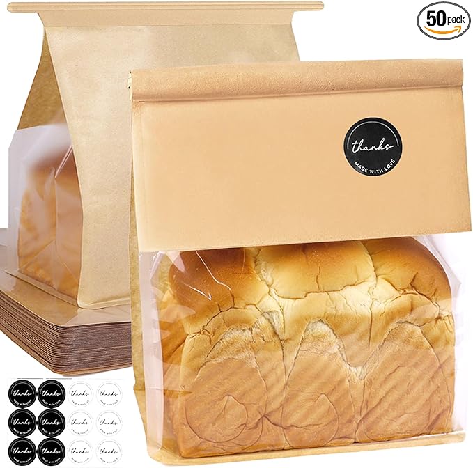 50PCS Paper Bread Bags, Bread Bags for Homemade Bread with Tin Tie Lock,Sourdough bread bags with Window,Bakery Bags for Bread,Sourdough,Cookie,Muffin,Bagels(8.7 x 4.3x 11 Inches)