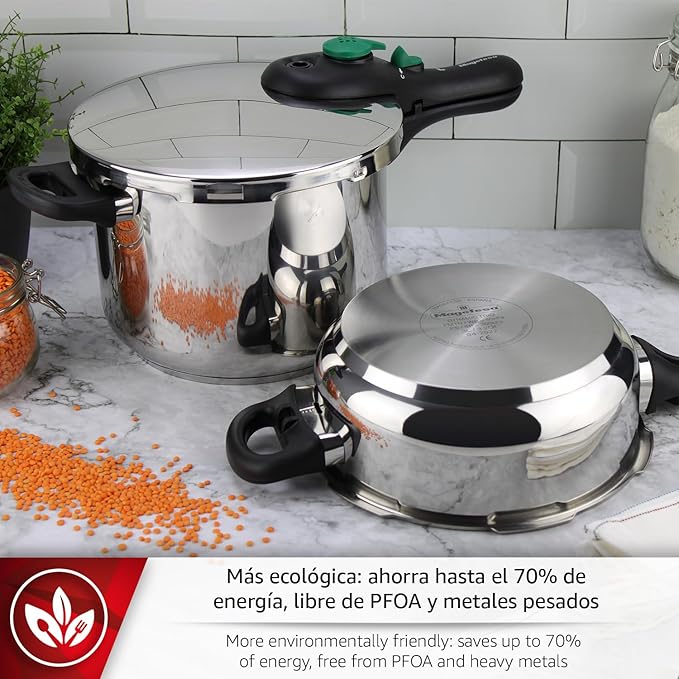 MAGEFESA DYNAMIC 6.3-Quart Fast Pressure Cooker Pack + Steam Basket, 18/10 Stainless Steel, Energy Efficient, Suitable for All Stovetops Including Induction