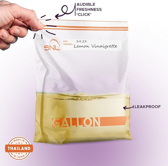 Gallon Food Bags by SNL -100 Pack- Leak-Proof, Clear, Write-On Block, Reclosable, Disposable Storage Bags, Double Seal Zippers with Clicking Noise Zip Confirmation, Stand-Alone Gusset, Easy Dispensing