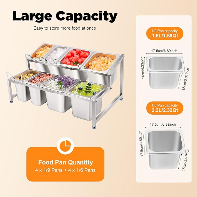2 Tier Expandable Spice Rack, 8 Pans Commercial Seasoning Organizer Shelf with Spoons & Lids, Adjustable Stainless Steel Countertop Inclined Holder for Kitchen, Restaurant