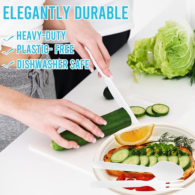 Compostable Eating Utensils, 250 Ct 7" Large Disposable Biodegradable Forks Spoons Knives Cutlery Set, Eco Friendly Heat Resistant Flatware Alternative to Plastic Silverware, BPI Certified