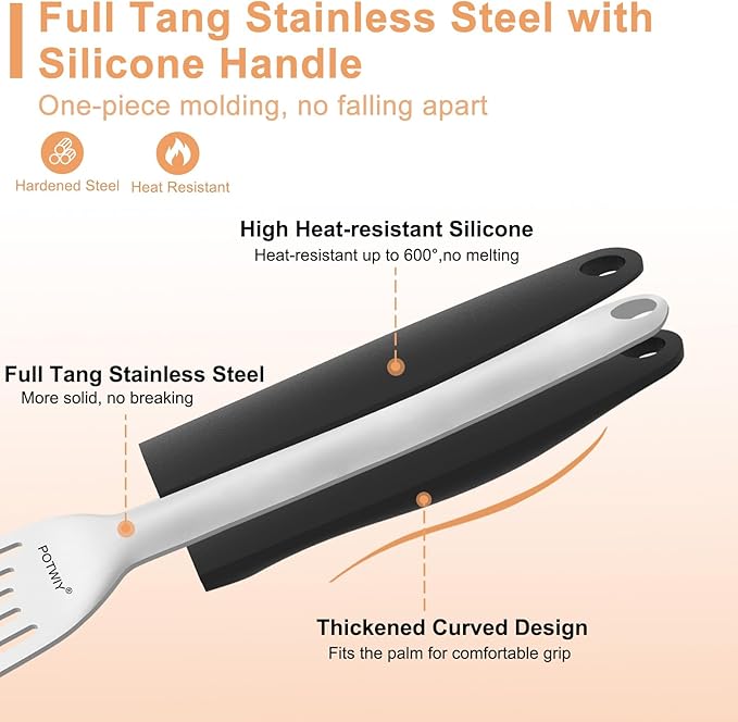 Stainless Steel Fish Spatula, Metal Fish Turner with Silicone Handle, Kitchen Slotted Spatula for Cast Iron Skillet Cooking and Grilling, Beveled Edge and Curved Blade, 13.5 Inch