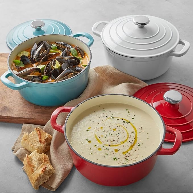 Sur La Table 4-Qt Enameled Cast Iron Dutch Oven – Oven & Broiler to 500°F, Induction Compatible, with Lid for Braising, Baking & Deep Frying, Nonstick Interior, Light Blue