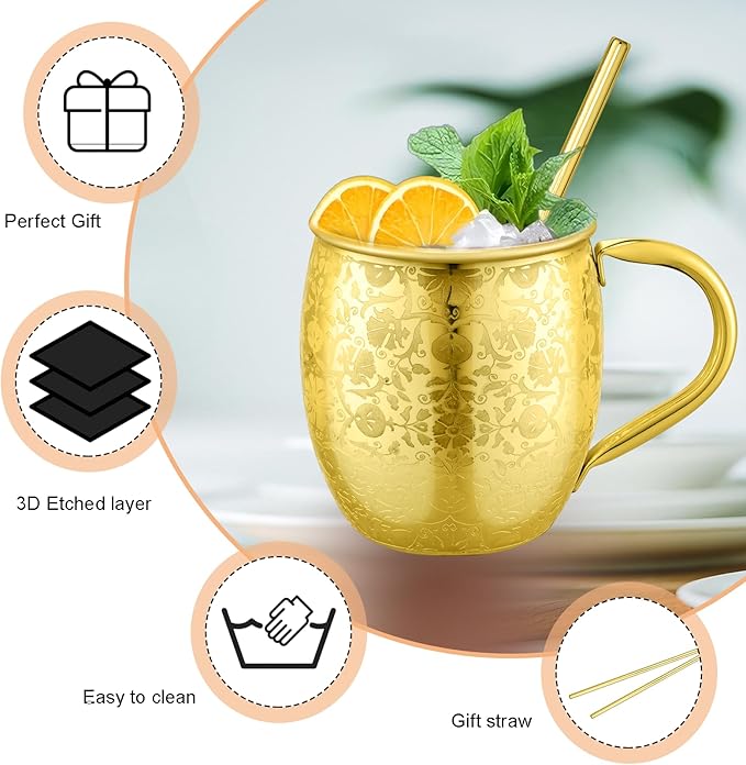 Moscow Mule MugsSet of 2-18 Oz Copper-Plated Fine Craftsmanship Etched Mugs,304 Stainless Steel-Lined Mule Cups,For Cold Drinks, Beer, Wine, Bars, Parties