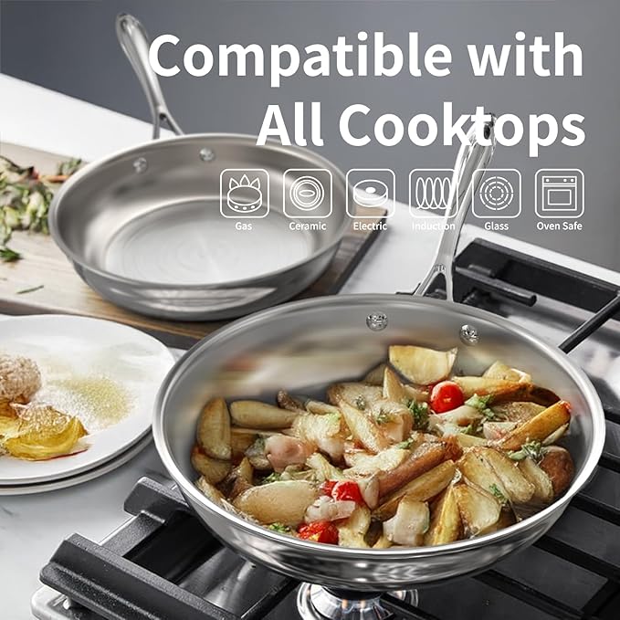 2.8 QT 5-Ply Stainless Steel Saute Pan with Lid, Compatible with All Cooktops, Dishwasher Safe