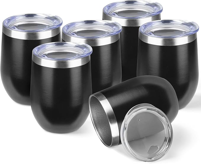 StarSpeed 12oz/6 Pack Wine Tumbler with lid, Stainless Steel Travel Mugs Stemless Double Wall Insulated Coffee Cup, Insulated Wine Glasses Travel Tumbler for Cold & Hot Drinks(Black, 6)