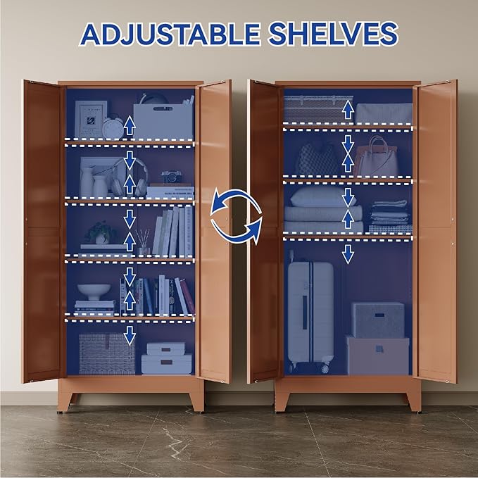 COFaR 71 in Tall Metal Storage Cabinet, Metal Cabinet with 4 Adjustable Shelves and Barn Doors, Farmhouse Cupboard Storage for Kitchen Pantry Garage, Brown 5-Tier