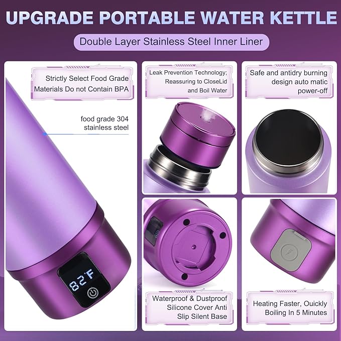 Vacuum-Insulated Portable Electric Kettle,Miicasa Stainless Steel Tumbler Small Electric Kettel,Travel Water Boiler with 6 Temperature and Auto Shut-Off Boil Dry,16oz