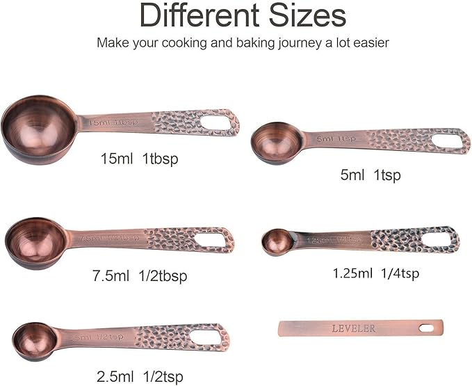 Copper Measuring Cups and Spoons Set, Stainless Steel Measuring Tools Set for Baking & Kitchen, Metric & US 4 Copper Plated Measure Cups and 5 Measure Spoons with Leveler for Wet & Dry