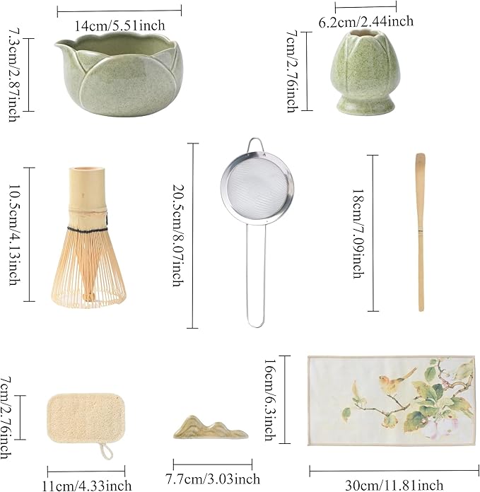 8 traditional matcha bowls with spouts, ceramic matcha bowls (Chawan), matcha mixing bowls for stirring matcha, tulip style (green)