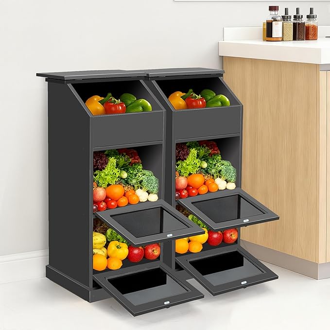 Potato Storage Bin, 3-Tier Potato and Onion Storage Bin with Lid, Wooden Bread Box for Fruit and Vegetable,Food Storage Containers for Kitchen Pantry (Black)