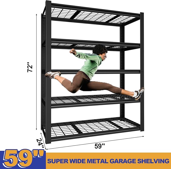 24" D x 59" W x 72" H Garage Shelving, 3000LBS Garage Shelving Heavy Duty Storage Shelves 5 Tier Metal Shelves, Adjustable Industrial Shelf for Warehouse, Basement