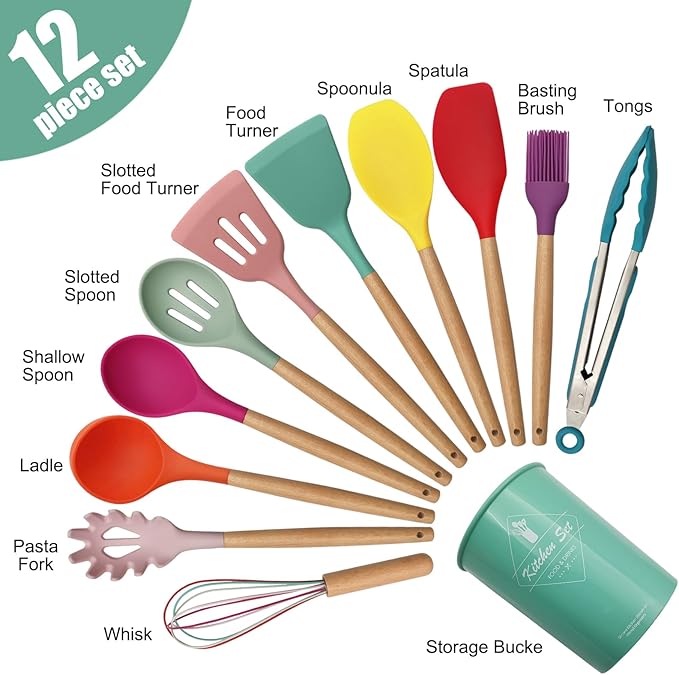 Kitchen Utensils Set of 12, Silicone Cooking Utensils with Non-Slip Wooden Handle and Organizer Bucket, 446°F Heat Resistant Cookware Utensils Set (Assorted Colors-Upgraded)