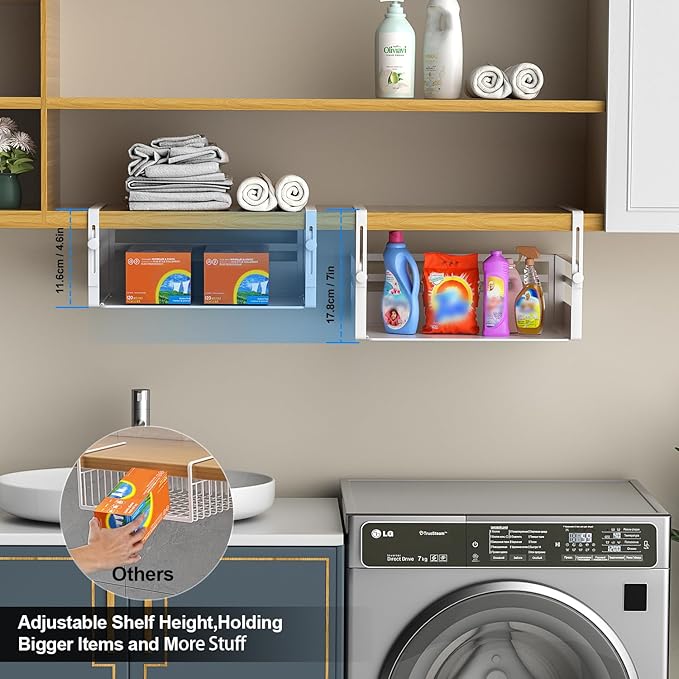 2 Pack Under Shelf Storage Basket Organizer,Adjustable Hanging Under Cabinet Add-on Storage Racks Slide-in Baskets Organizer for Laundry Room Kitchen Pantry Desk Bookshelf, White