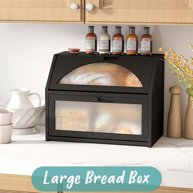 Bread Box, Bamboo Wood Bread Box for Kitchen Counter, Double-layer Bread Storage Bin, Acrylic glass with Diamond Patterns (Black, Large)