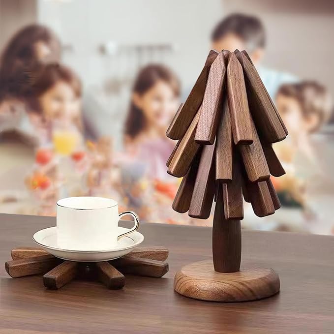 Wooden Tree Coasters, Trivets for Hot Dishes, Trivets for Hot Pots and Pans, Wooden Tree Trivet Set - 3 or 4 Wooden Trivet + 1 Stand, Christmas Coasters (Walnut,4pcs-B)
