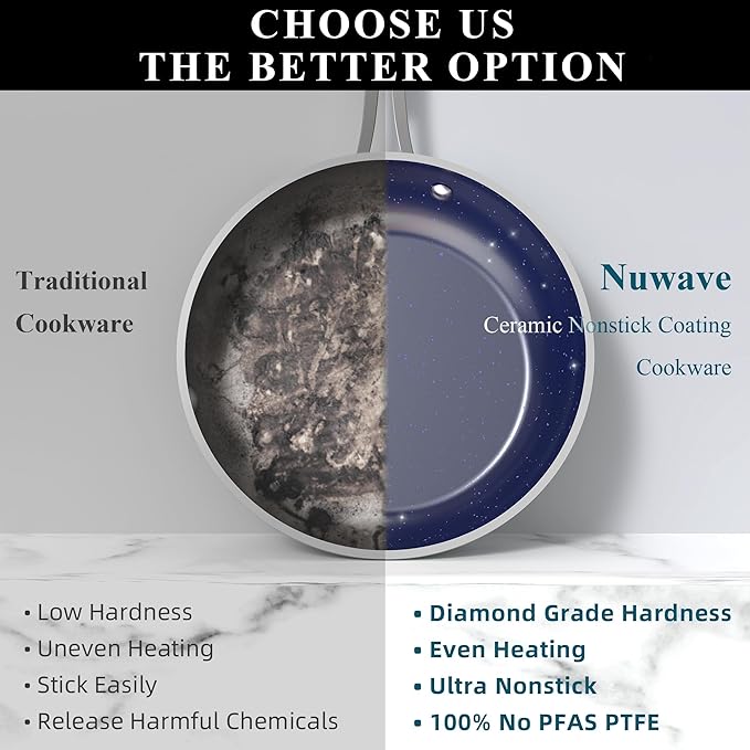 Nuwave 9pc Cookware Set Healthy Duralon Blue Ceramic Nonstick Coated, Diamond Infused Scratch-Resistant, PFAS Free, Oven Safe, Induction Ready & Evenly Heats, Tempered Glass Lids & Stay-Cool Handle